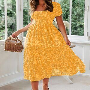 Women's Spring Summer Casual Cute Boho Floral Print Long Midi Dress- Yellow